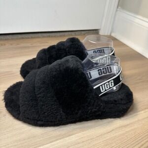 UGG Fluff Yeah Slide Black Sheepskin Platform Slipper Sandal 1095119 Womens 11
